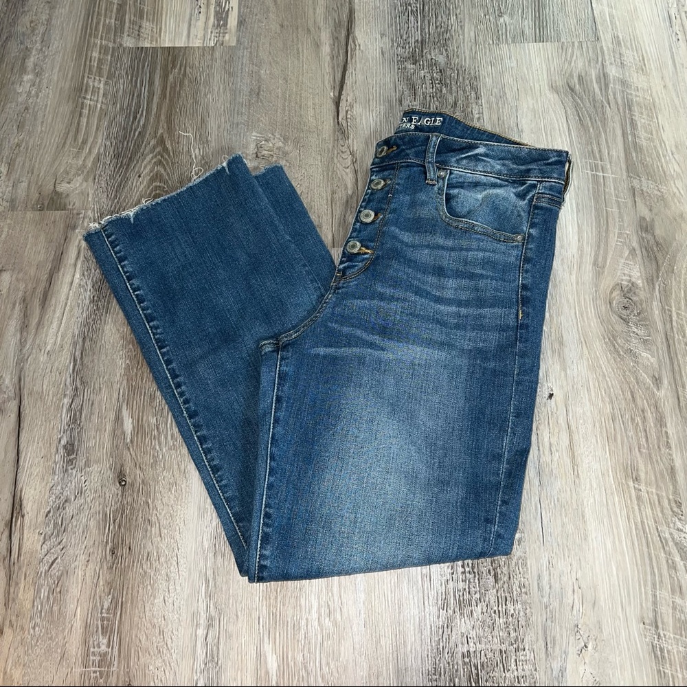 Womens american eagle light wash button front high rise crop flare jeans 14